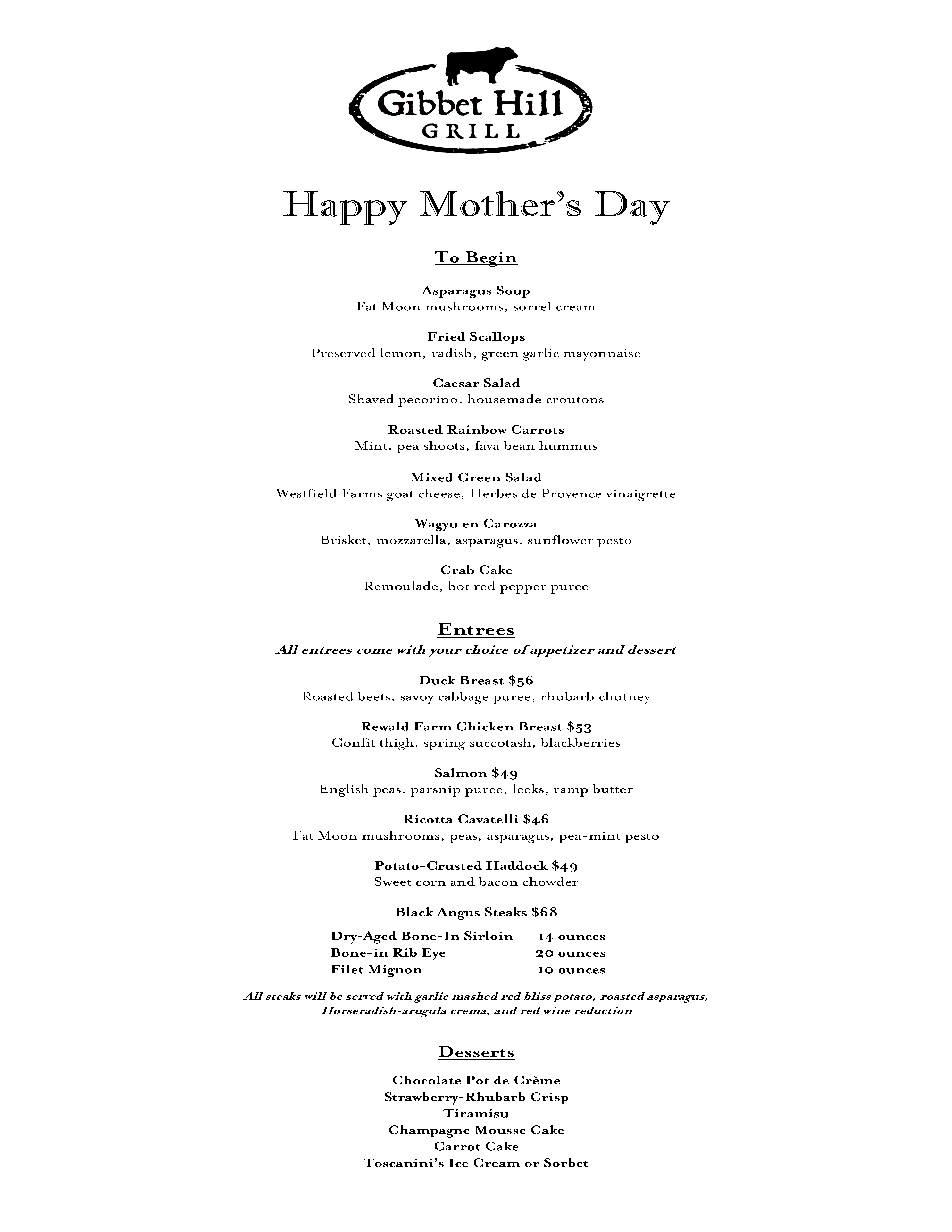 2018 Mother's Day GRILL - Main Menu - Gibbet Hill Grill